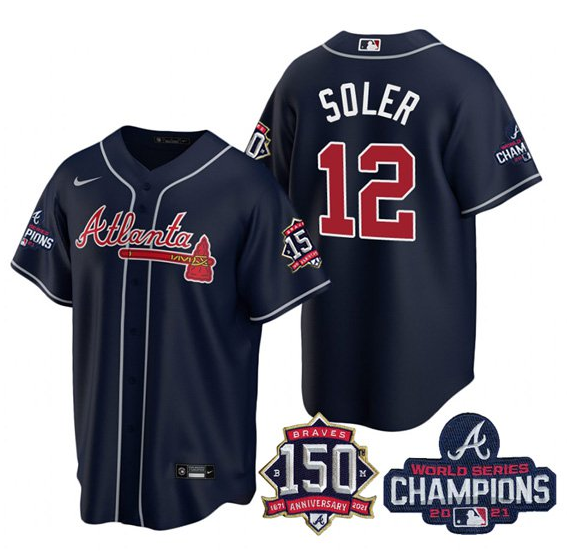 Men's Atlanta Braves #12 Jorge Soler 2021 Navy World Series Champions With 150th Anniversary Patch Cool Base Stitched Jersey